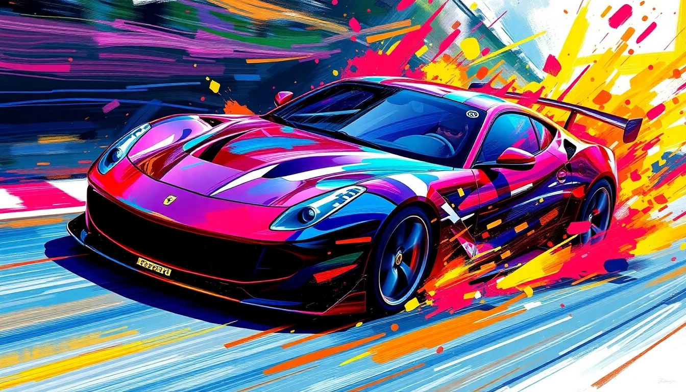 An abstract, expressionist painting in vibrant neon colors depicting the dynamic movement and energy of a Ferrari GT3 race car speeding around a winding circuit, with the driver and car details dissolving into unrecognizable splatters of paint.