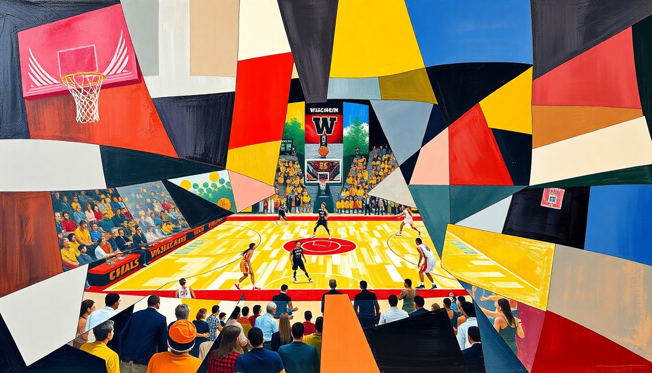 A cubist, geometric painting depicting a women's basketball game in motion, with overlapping planes of red, white, and navy blue representing the competing teams.
