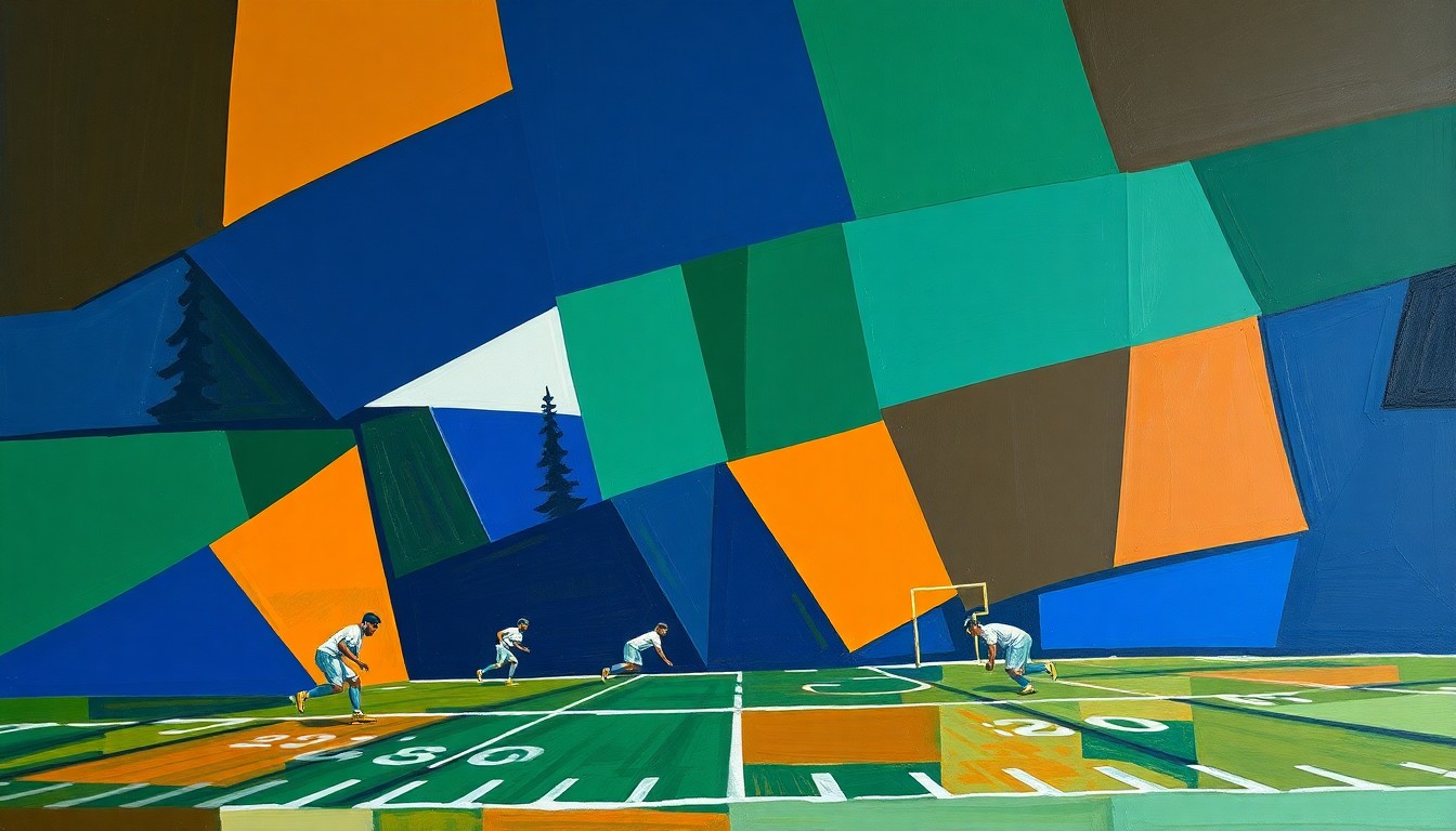 A cubist, geometric painting depicting a fragmented football game, with sharp planes of navy, green, and orange overlapping to create a dynamic, abstract scene.