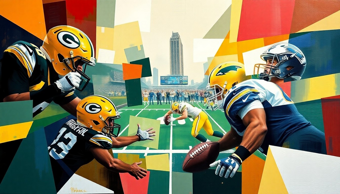 A cubist, geometric painting featuring overlapping planes of green, gold, and other team colors, conceptually representing the strategic moves and competitive landscape of the Packers' offseason.