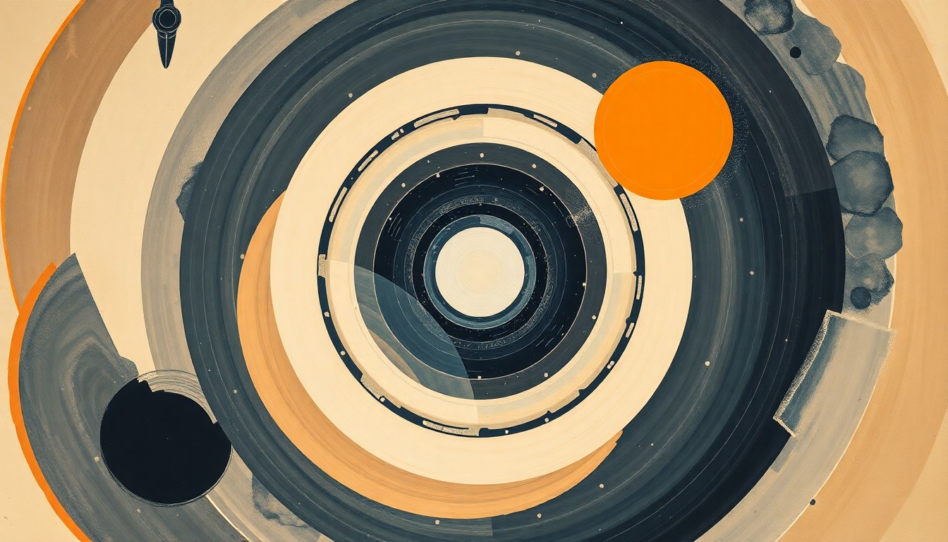 A bold, abstract painting in soft blues, greens, and oranges, featuring sweeping geometric arcs, concentric circles, and precise spirals, conceptually representing the complex forces and concepts of the Artemis II mission to the moon.