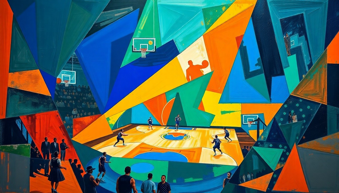 A cubist, geometric painting depicting a basketball game, with sharp, overlapping shapes and planes in vibrant colors representing the intense action and comeback victory.