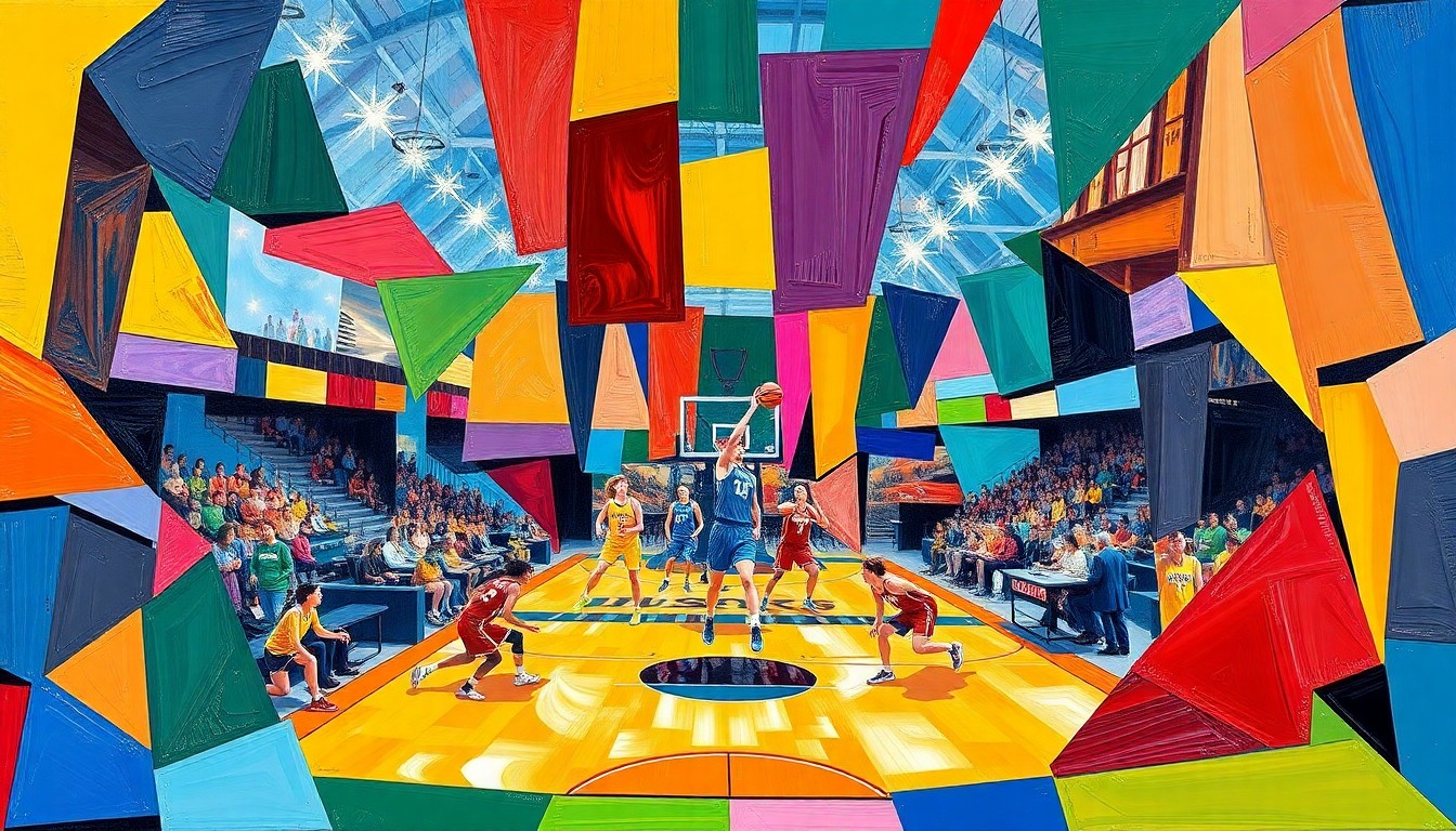 A cubist-style painting featuring overlapping geometric shapes in the team colors of UConn's women's basketball program, capturing the dynamic energy and movement of the game.
