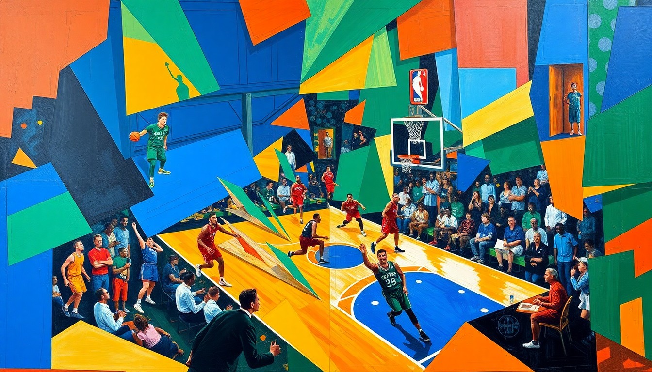 A fragmented, geometric painting in bold colors depicting the dynamic motion and energy of an NBA basketball game.