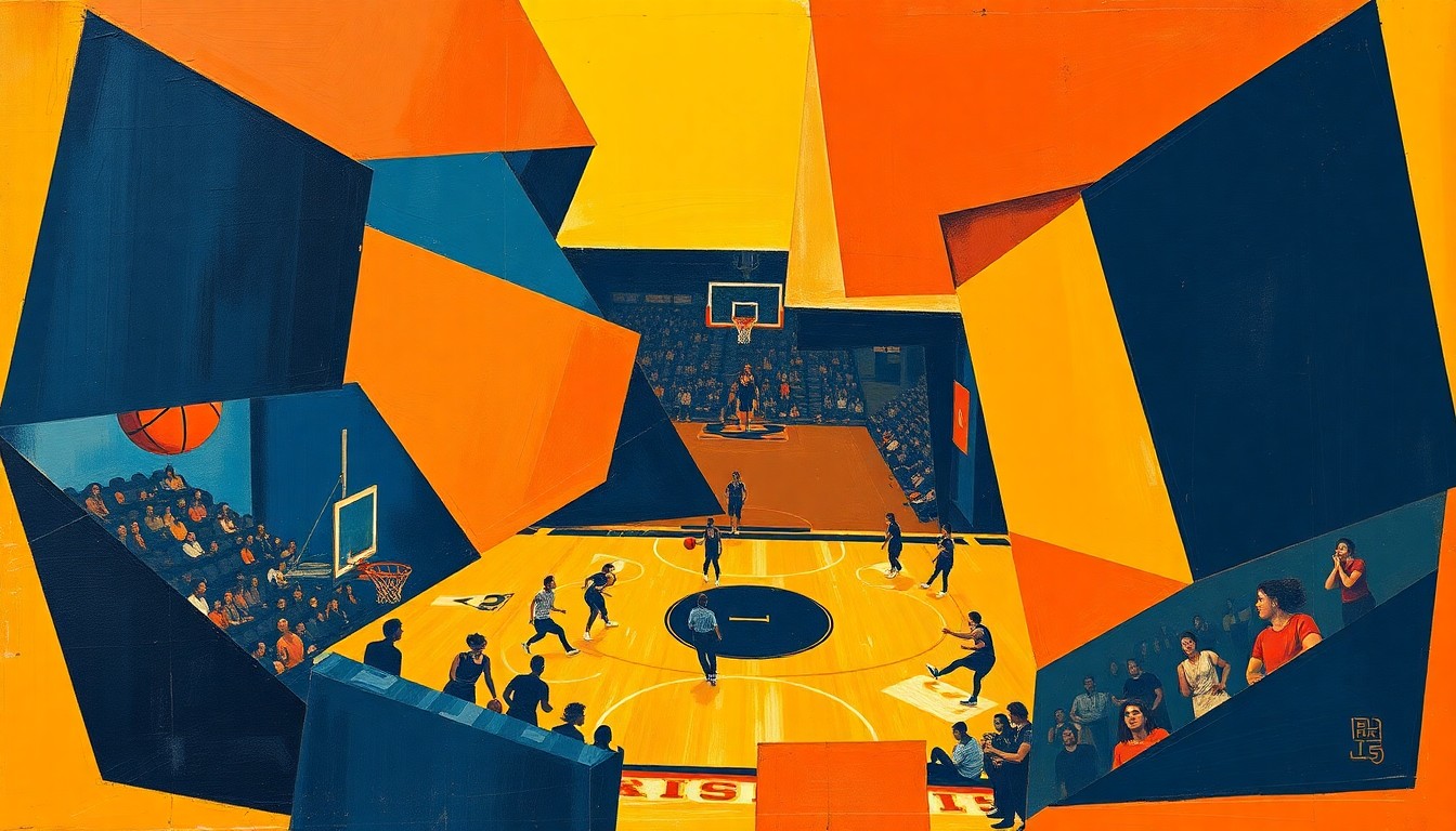 A cubist, geometric painting depicting the action and energy of a women's basketball game, with overlapping shapes and planes in shades of orange, blue, and yellow.