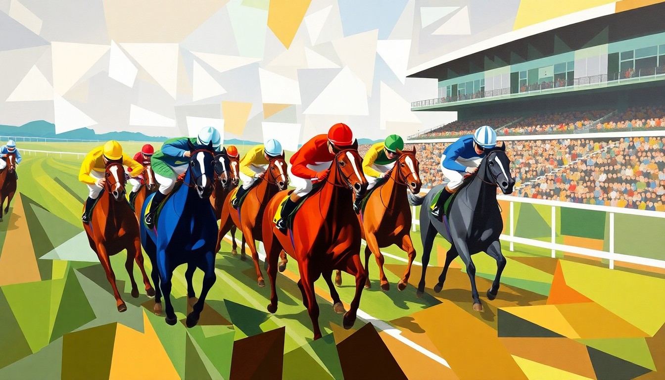 A fractured, cubist-style painting depicting the vibrant colors and geometric shapes of a horse race at Cheltenham Racecourse, with the track and grandstands abstracted into overlapping planes.