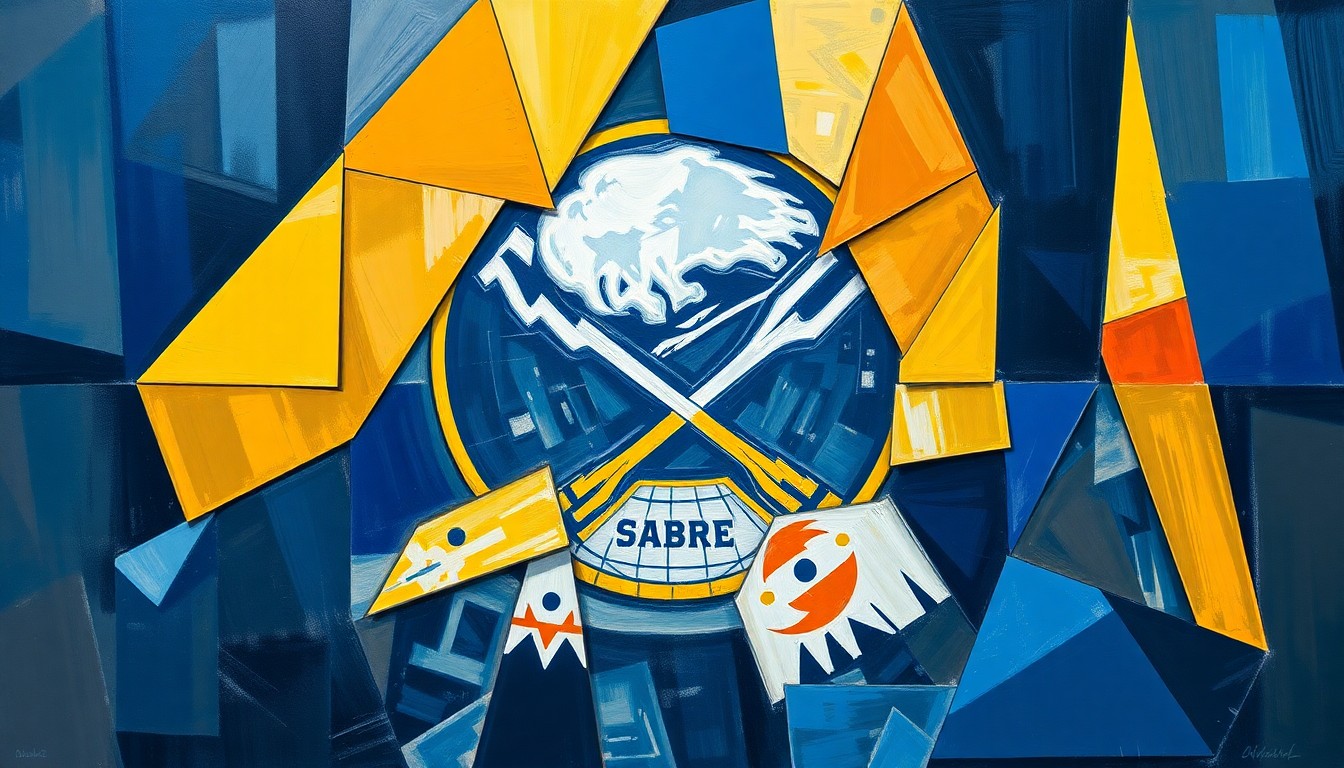 A cubist, geometric painting depicting the Buffalo Sabres' return to the NHL playoffs, with sharp, overlapping planes of color and shape representing the team's journey and the energy of the city's fans.