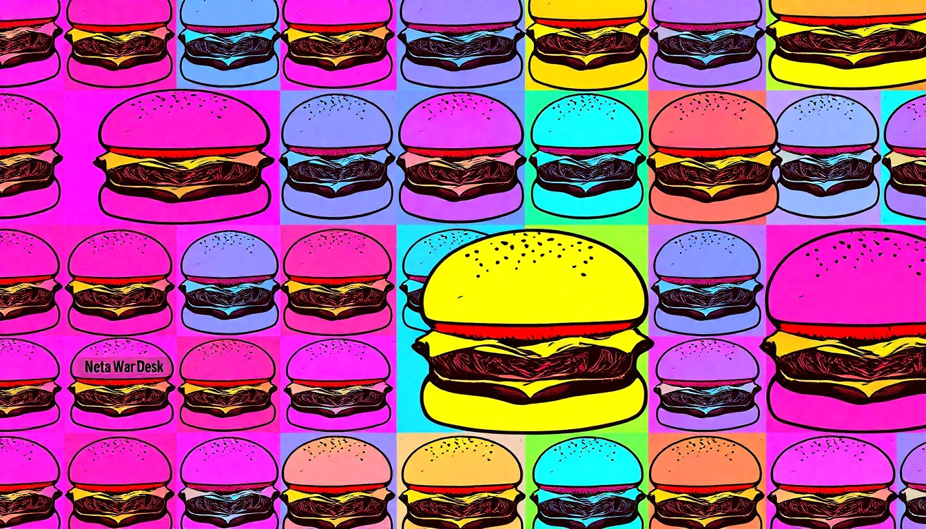 A vibrant, high-contrast silkscreen print featuring a repeated image of a cheeseburger in a grid pattern, rendered in a bold, pop art style with flat, neon colors and heavy black outlines.