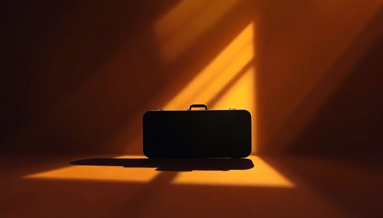 A close-up painting of an old, worn guitar case sitting in a pool of warm, golden light, conveying a sense of nostalgia and the lasting impact of Elvis Presley's music.