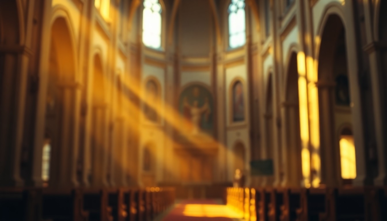 An extremely abstracted, out-of-focus photograph of a dimly lit Catholic church interior, with warm pools of light and color creating a contemplative, atmospheric mood.