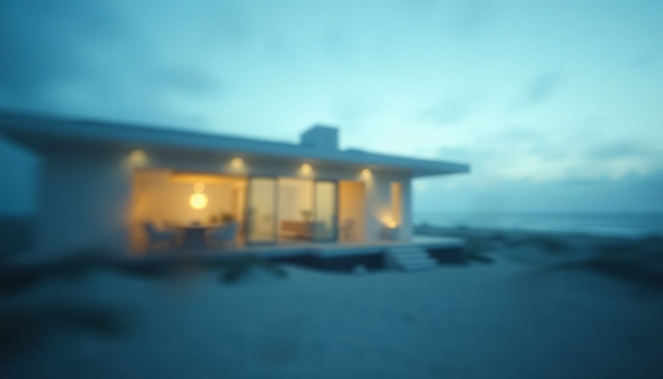 An abstract, out-of-focus photograph in soft, warm tones depicting the blurred silhouette of a modern beachfront home, conveying the tranquil and minimalist essence of Pierre Koenig's architectural legacy.