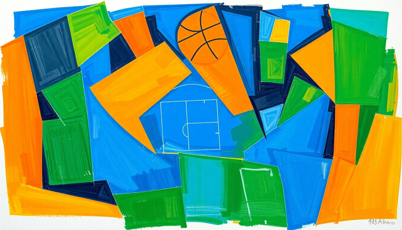 A cubist-style painting depicting an NBA basketball game in motion, with the players and court broken down into overlapping geometric shapes in vibrant colors, conveying the fast-paced and competitive nature of the matchup.