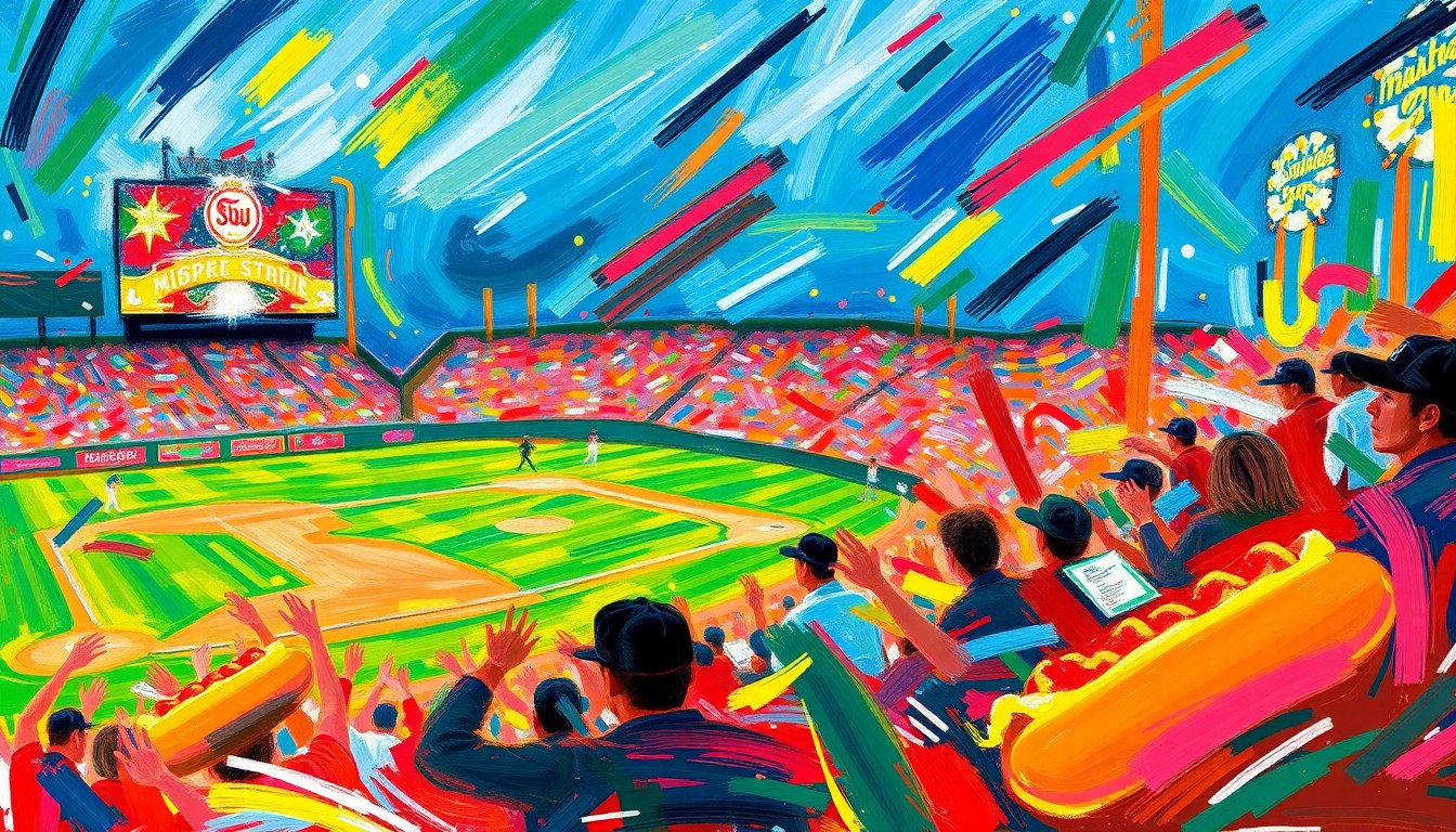 An abstract, energetic painting in a vibrant expressionist style, using thick brushstrokes and neon colors to capture the dynamic motion and excitement of a minor league baseball game, with hot dogs and fans blending into an impressionistic frenzy.