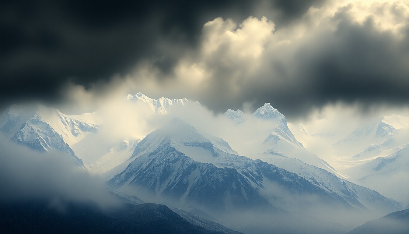 A sweeping, atmospheric landscape painting depicting a snow-covered mountain range partially obscured by thick fog, conveying a sense of the overwhelming power of nature.