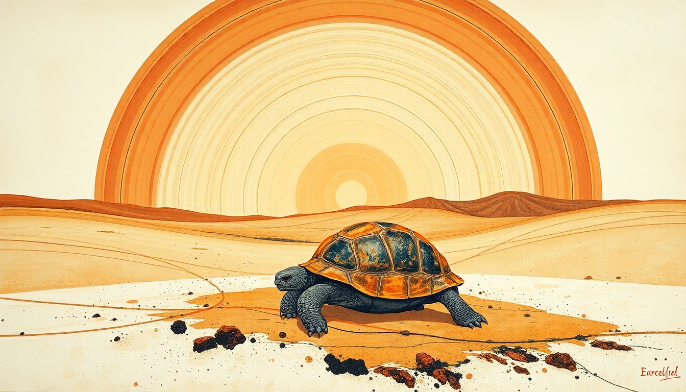 A bold, abstract painting featuring sweeping geometric shapes and organic forms in earthy tones, representing the delicate balance of the desert landscape and the potential impact of mining operations in the area.