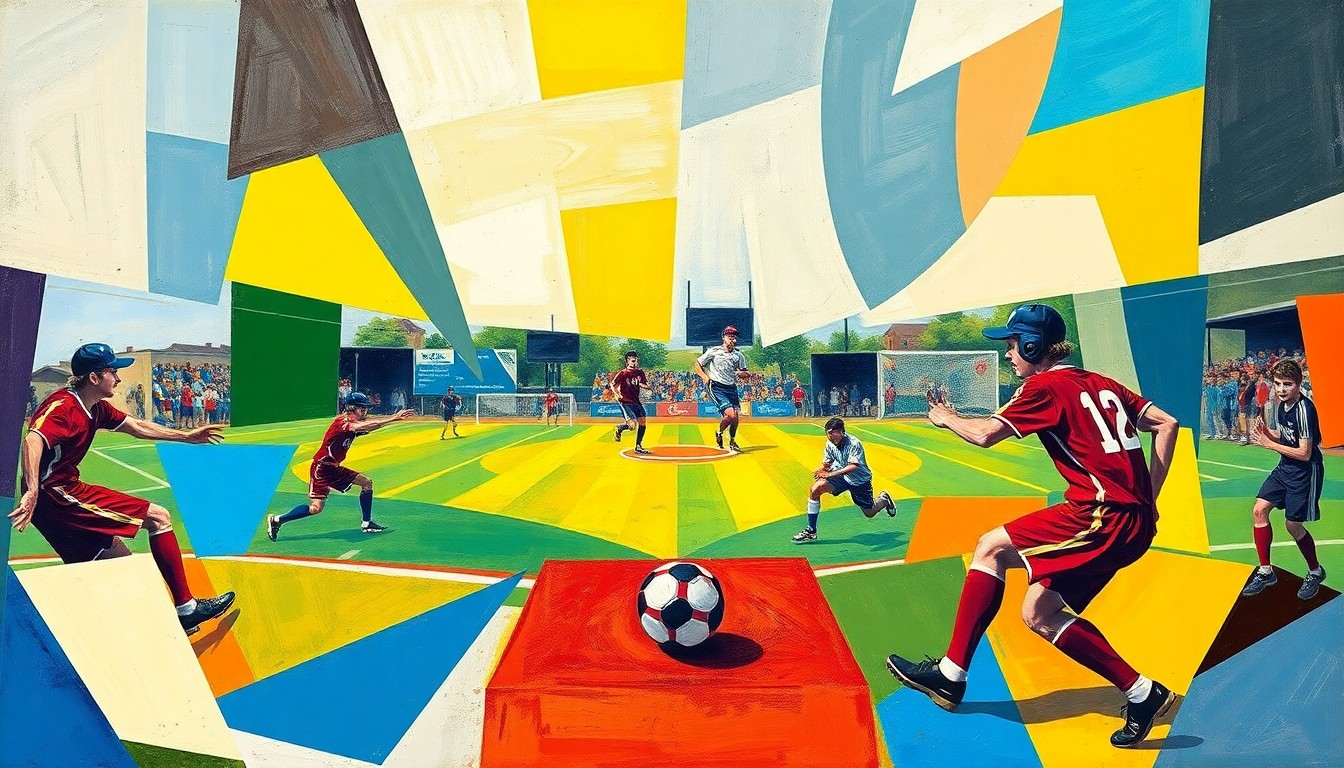 A fractured, cubist-style painting depicting the dynamic movements and energy of a high school baseball or soccer game, with the players and ball broken down into overlapping geometric shapes and planes of vibrant colors.