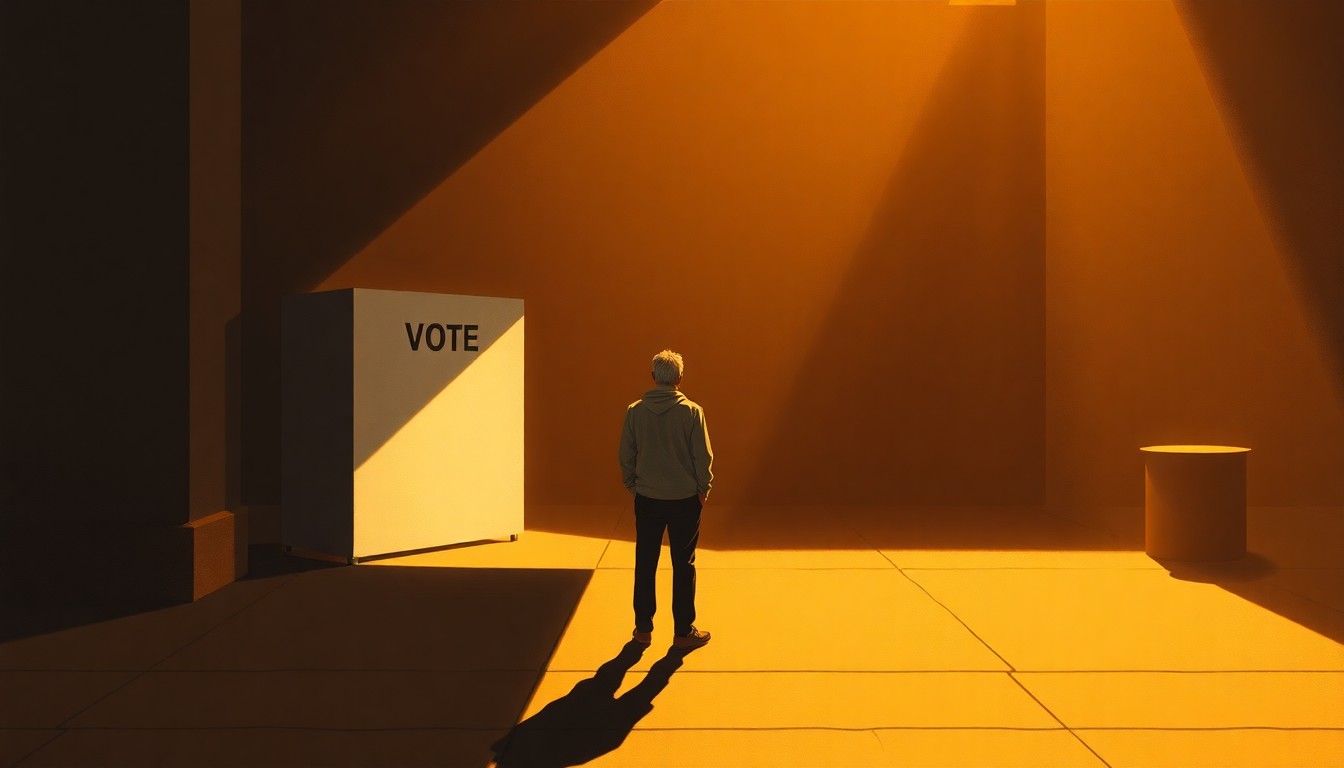 A serene oil painting depicting a lone figure standing in front of a nondescript polling place, the scene bathed in warm, dramatic lighting that evokes a sense of contemplation and civic responsibility.