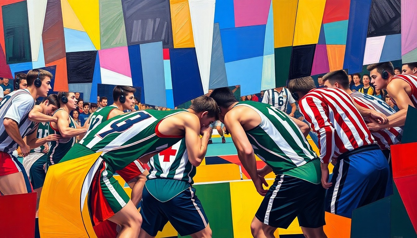A dynamic, cubist-style painting depicting the intense action and movement of a high school wrestling match, with the bright colors of local team uniforms creating a vibrant, energetic composition.