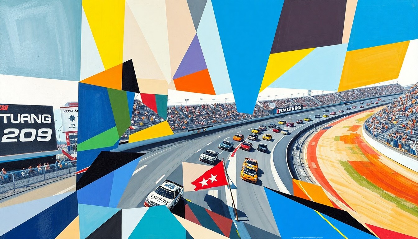 A fractured, geometric painting in the style of Pablo Picasso, with sharp planes of color and overlapping shapes representing the cars and track of a NASCAR race at Martinsville Speedway.