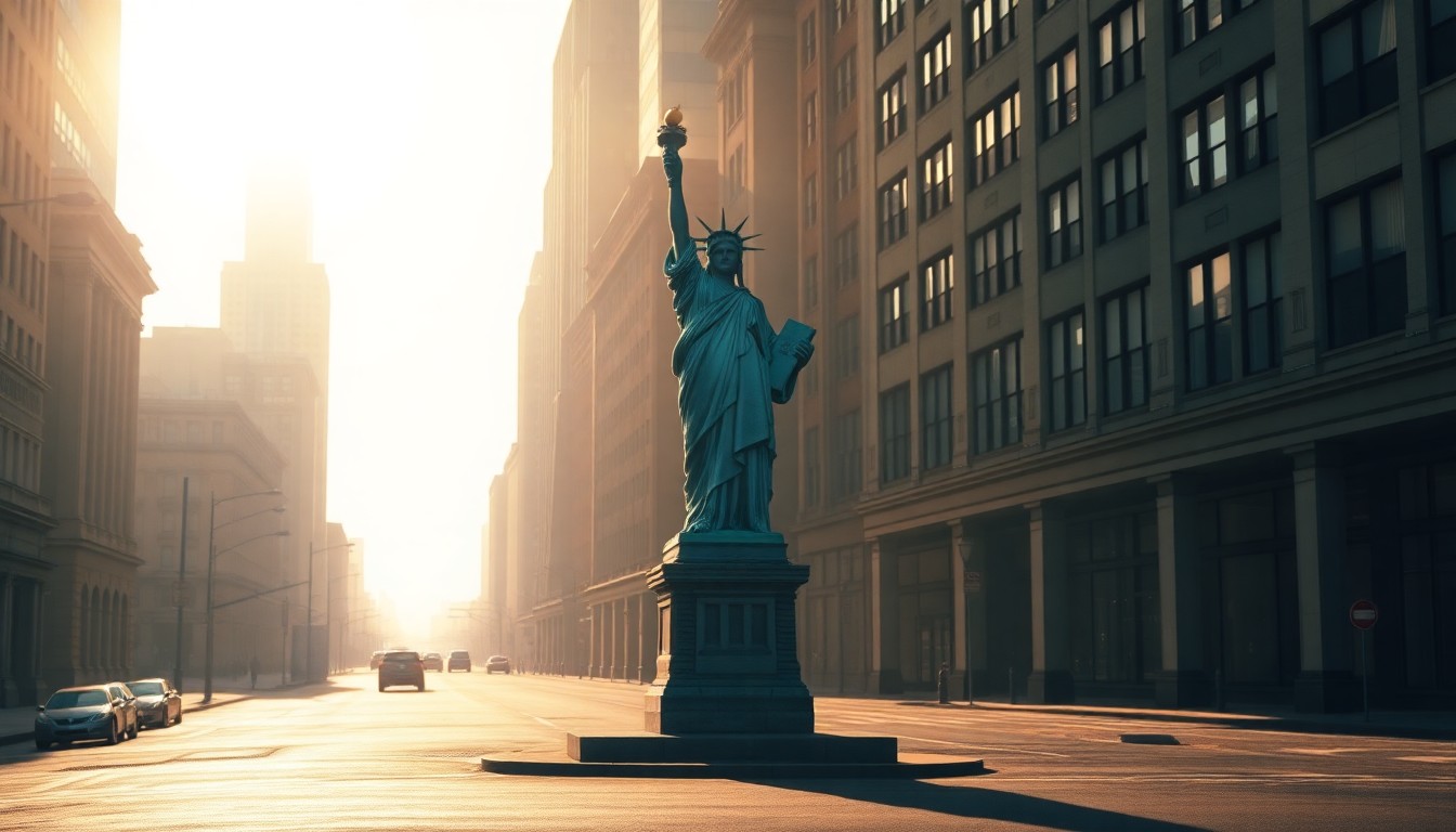 A solitary, weathered bronze statue of Lady Liberty standing alone on a deserted city street, the statue's features obscured by warm, diagonal sunlight and deep shadows, evoking a sense of quiet contemplation about the future of American citizenship.
