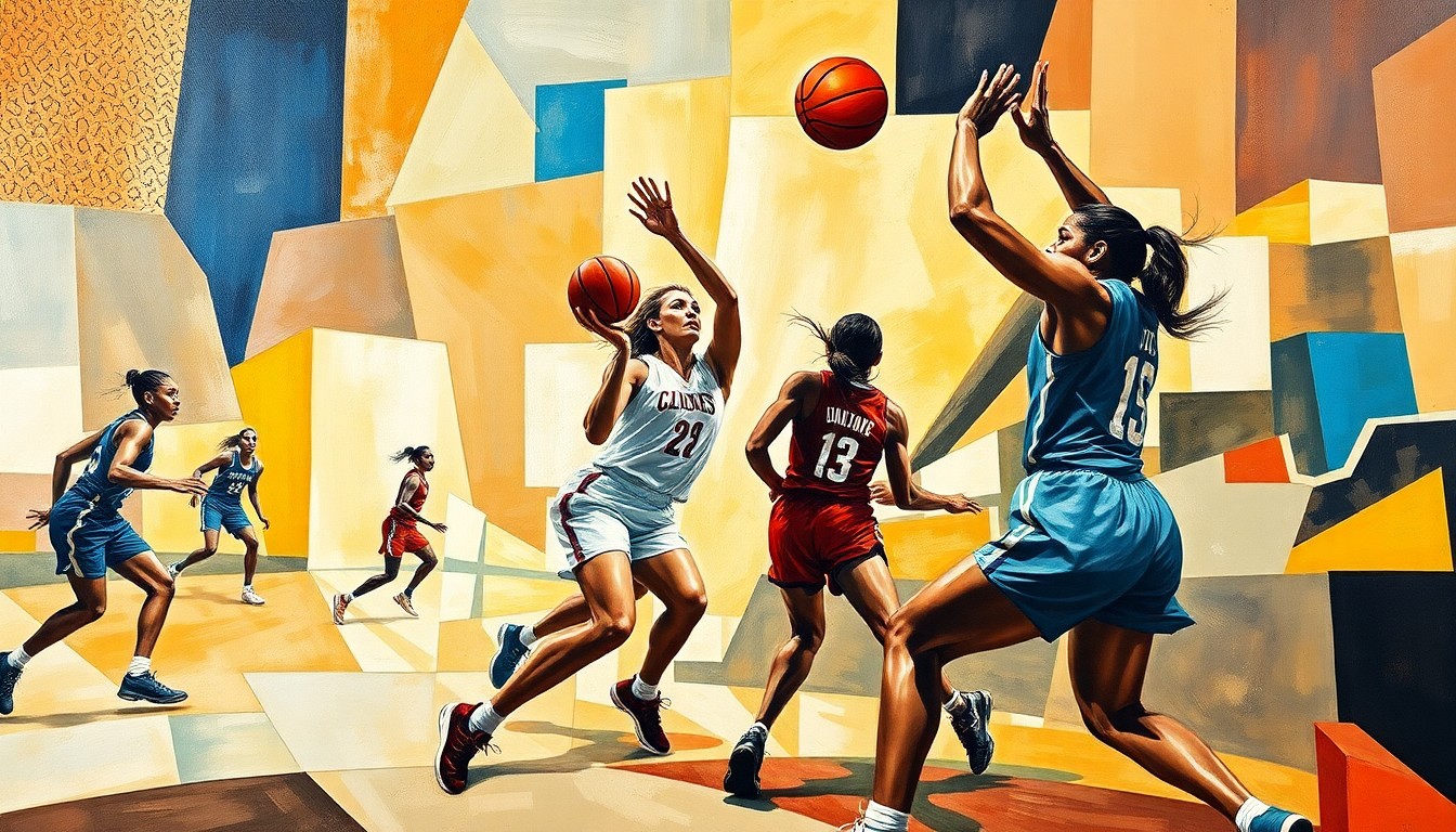 A fractured, geometric painting depicting the dynamic movements and overlapping perspectives of a women's basketball game, with the players' forms broken down into abstract shapes and planes.