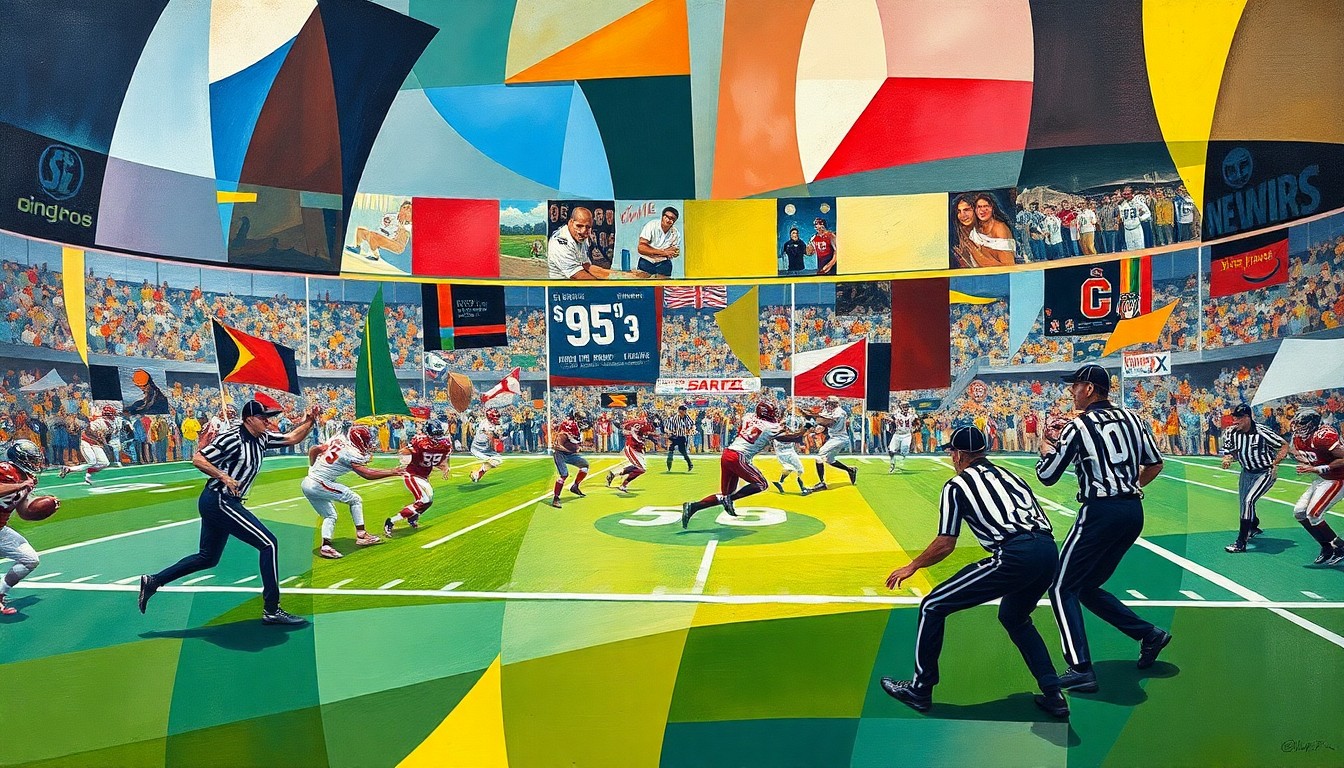 A cubist, geometric painting depicting a fragmented football field and players, with referees and officials broken down into abstract shapes and planes of color, conveying the complexity and chaos of the sport.