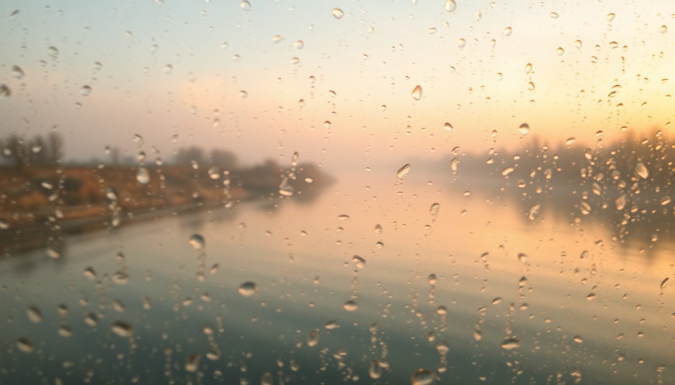 An abstract, impressionistic photograph of a blurred river scene, with soft, hazy colors and textures evoking a sense of tranquility and natural beauty.