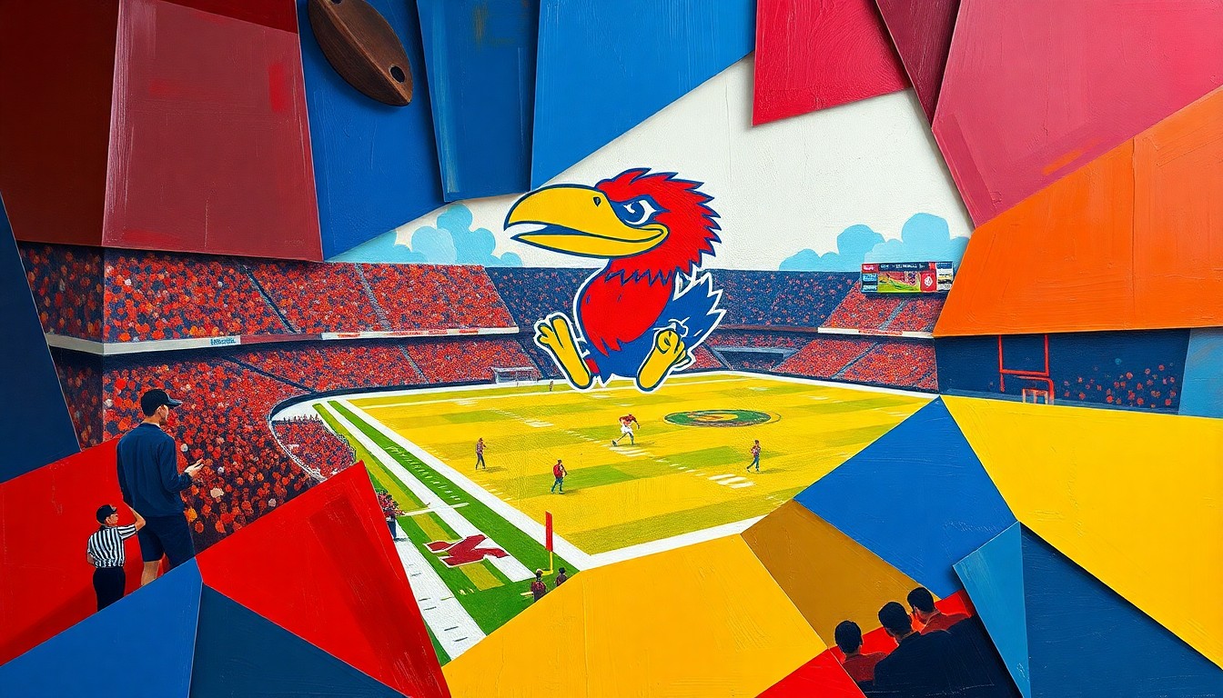 A vibrant, cubist-style painting depicting a Kansas football game, with the players and field fragmented into sharp, overlapping geometric shapes in a palette of crimson, royal blue, and yellow, conveying the uncertainty and challenges facing the team.
