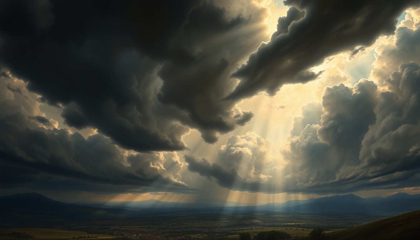 A sweeping, atmospheric landscape painting in muted tones of gray, blue, and gold, depicting a dramatic, stormy sky with ominous clouds and rays of sunlight breaking through, dwarfing a small town or rural scene below. The composition conveys a sense of the overwhelming scale and power of the natural world.