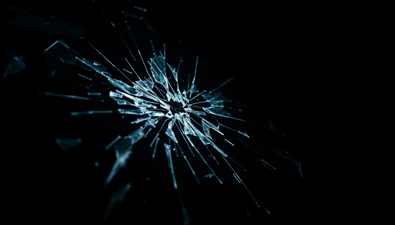 An extreme close-up photograph of a shattered car window or cracked windshield, lit by a harsh, direct camera flash against a pitch-black background, conceptually illustrating the sudden and gritty nature of the crash.