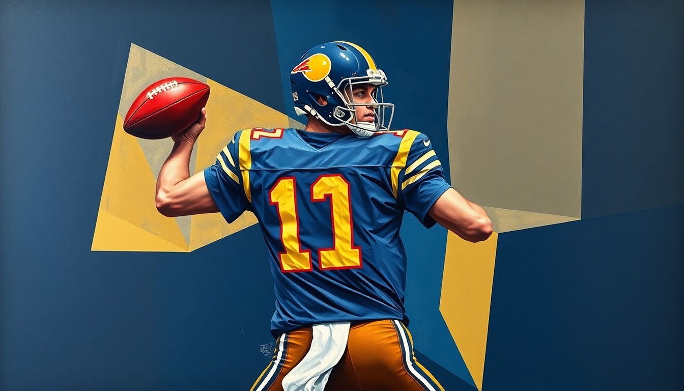 A fragmented, geometric painting depicting a quarterback in motion, with sharp planes of navy, gold, and crimson red, conceptually representing the Rams' complex quarterback situation.
