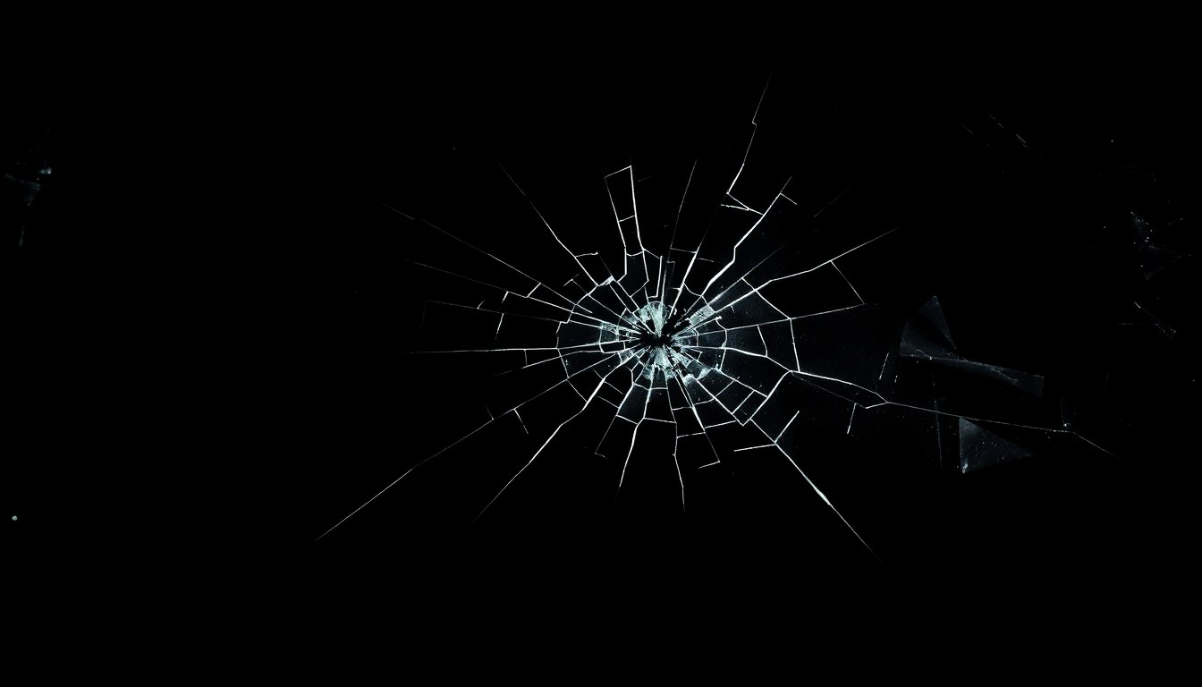 An extreme close-up photograph of a cracked and damaged car windshield, lit by a harsh, direct camera flash against a pitch-black background, conceptually illustrating the aftermath of a serious vehicle accident.