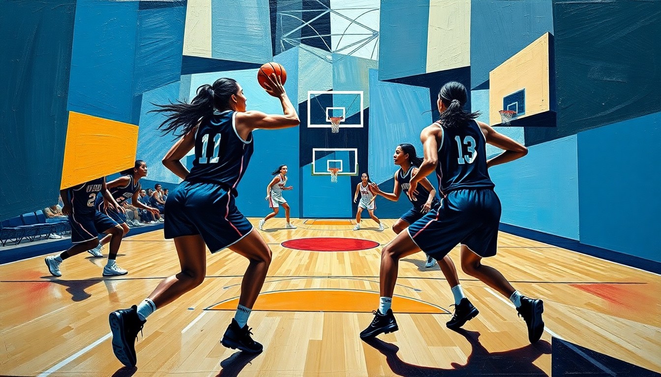 An abstract, cubist-style painting featuring fragmented geometric shapes and planes in bright colors, representing the dynamic movements and action of a girls basketball game.