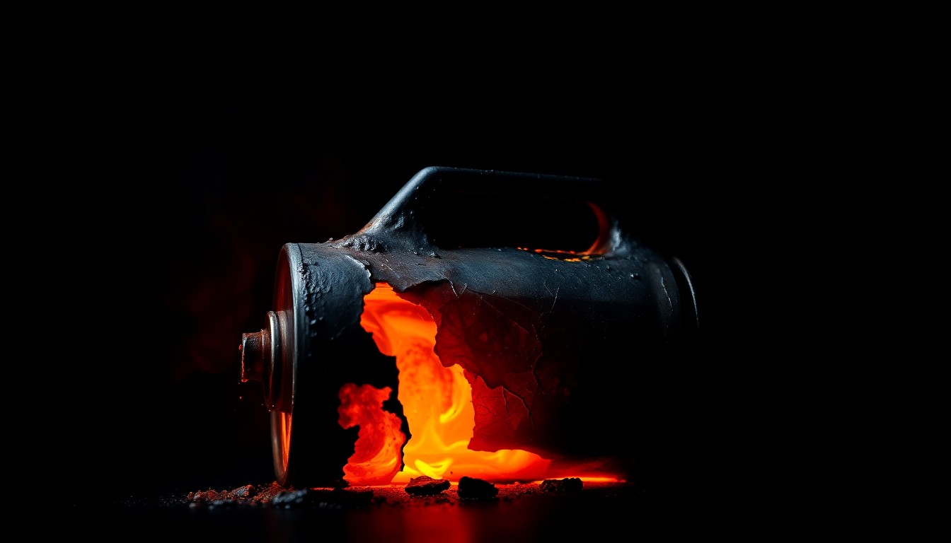 An extreme close-up photograph of a severely charred and melted gasoline can against a pitch-black background, conveying the devastating aftermath of a flash fire caused by improper fire starting techniques.