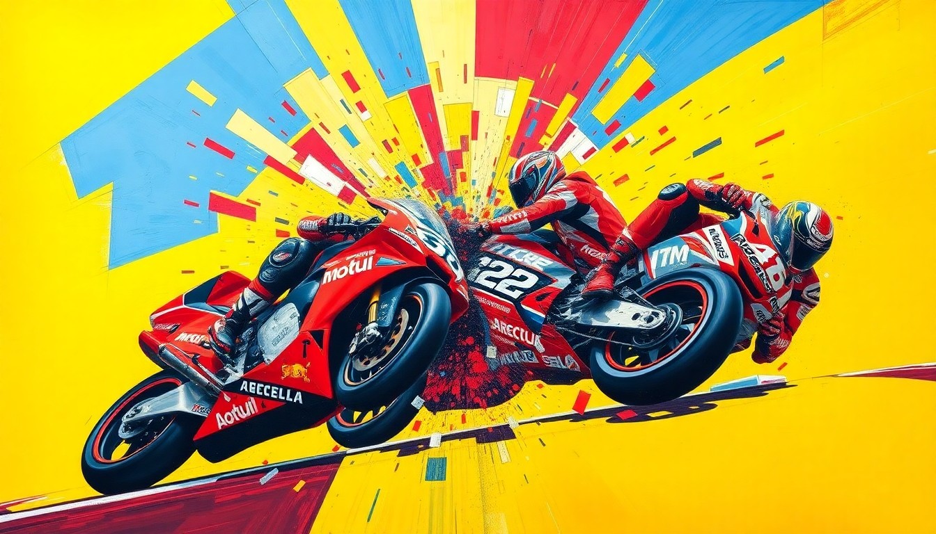 A fractured, cubist-style painting depicting the collision between two motorcycles on a racetrack, with the bikes and riders broken down into sharp, overlapping geometric shapes in a vibrant color palette, capturing the intensity and energy of the moment.