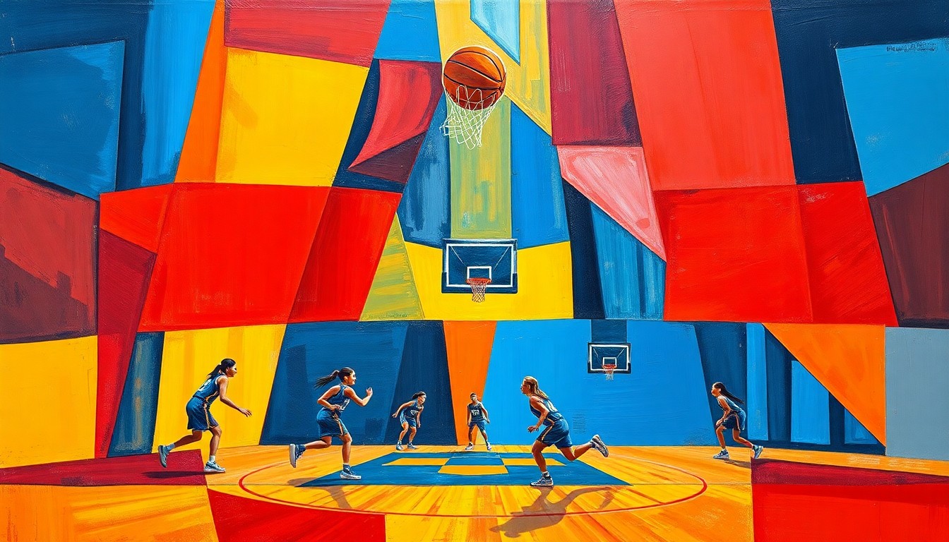 A fragmented, cubist-style painting depicting the movement and energy of a girls basketball game, with sharp, overlapping geometric shapes in vibrant colors.