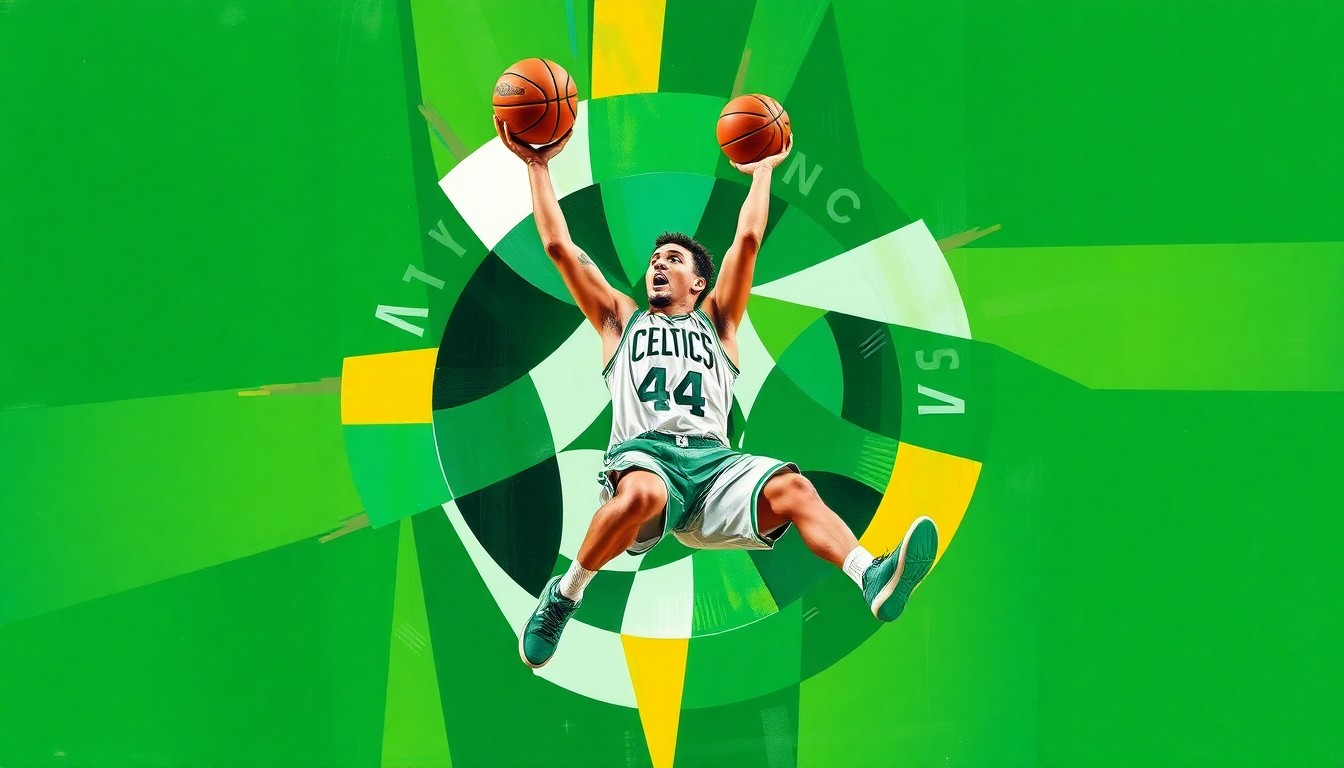 A cubist, geometric painting depicting the dynamic movements and scoring ability of Celtics player Jayson Tatum, rendered in a fractured, multi-perspective style that captures the energy and skill of the young NBA star.