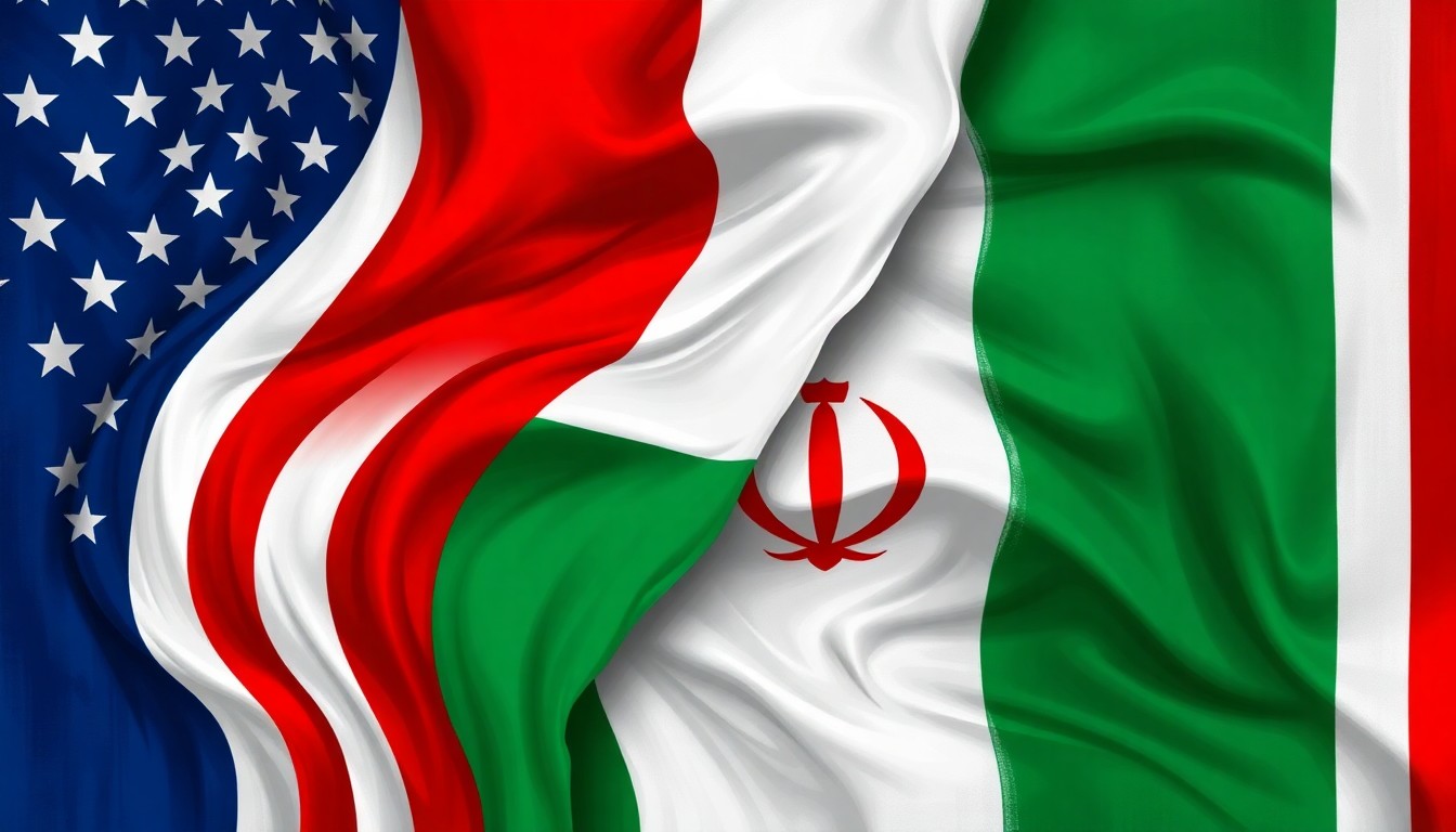 A dynamic, abstract painting featuring overlapping, fragmented shapes in the colors of the Iranian and American flags, conveying a sense of tension and conflict between the two nations.