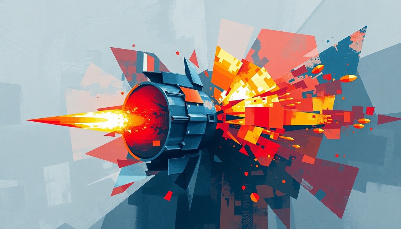 A dynamic, abstract painting of overlapping geometric shapes and lines in shades of grey, blue, and red, conceptually representing the fractured, high-speed nature of a missile engine test.