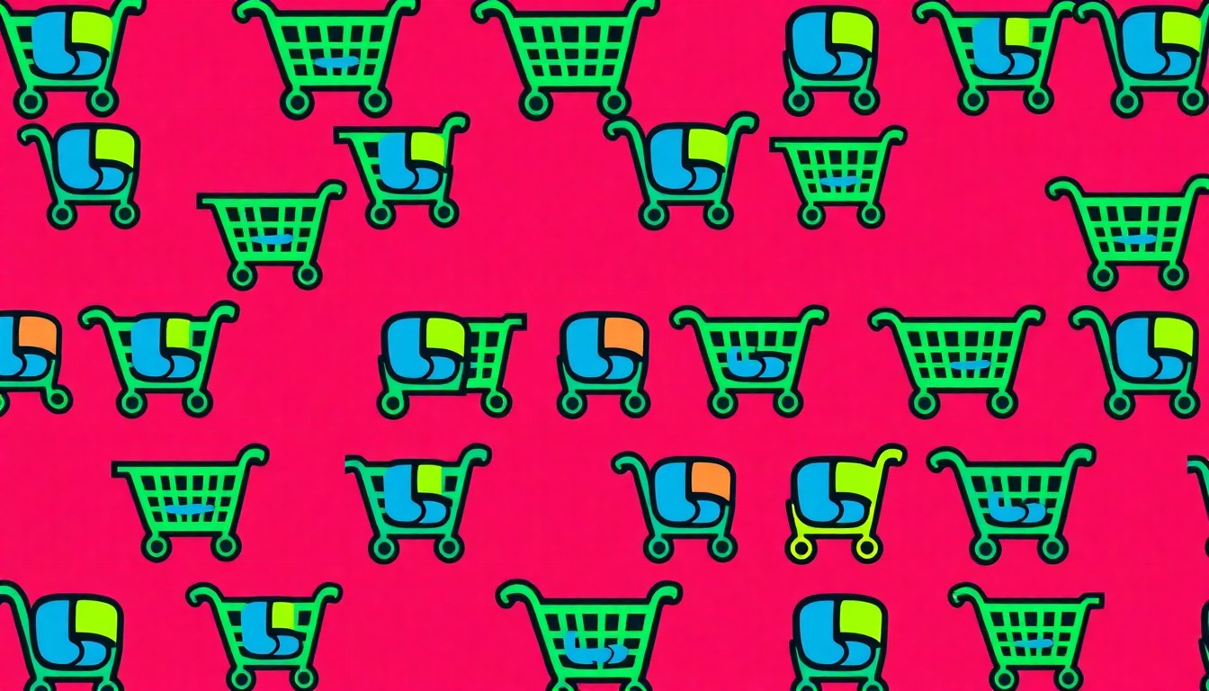 A highly stylized, abstract illustration composed of a repeating pattern of brightly colored Goodwill shopping cart icons, capturing the vibrant energy and consumer-focused mission of the new retail location.