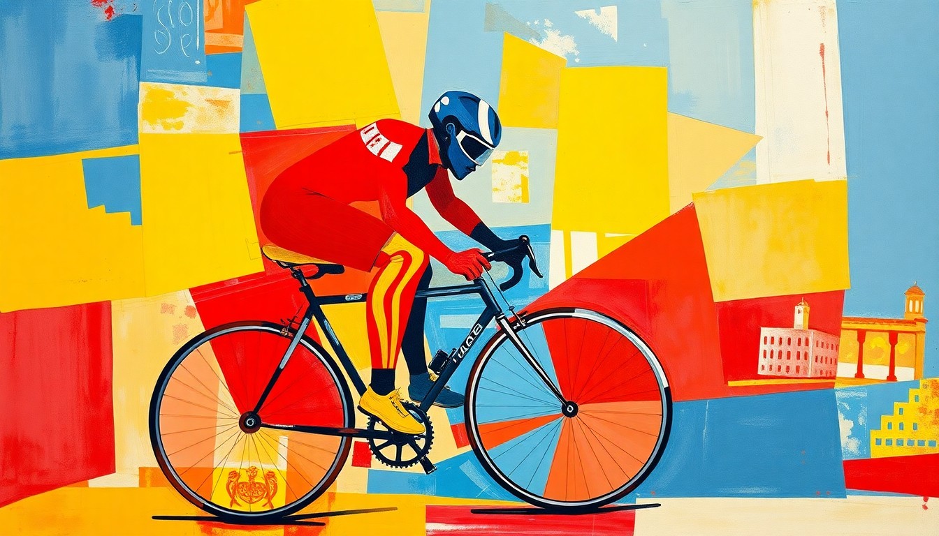 A cubist, geometric painting depicting a cyclist in motion, with sharp, overlapping planes of color representing the dynamic movement and energy of the sport.