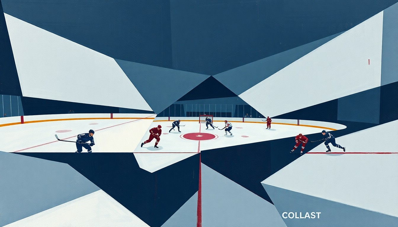 A cubist, geometric painting depicting a hockey game, with the players and ice broken down into sharp, overlapping planes of muted navy, gray, and burgundy colors, conveying the disjointed nature of the Devils' season.