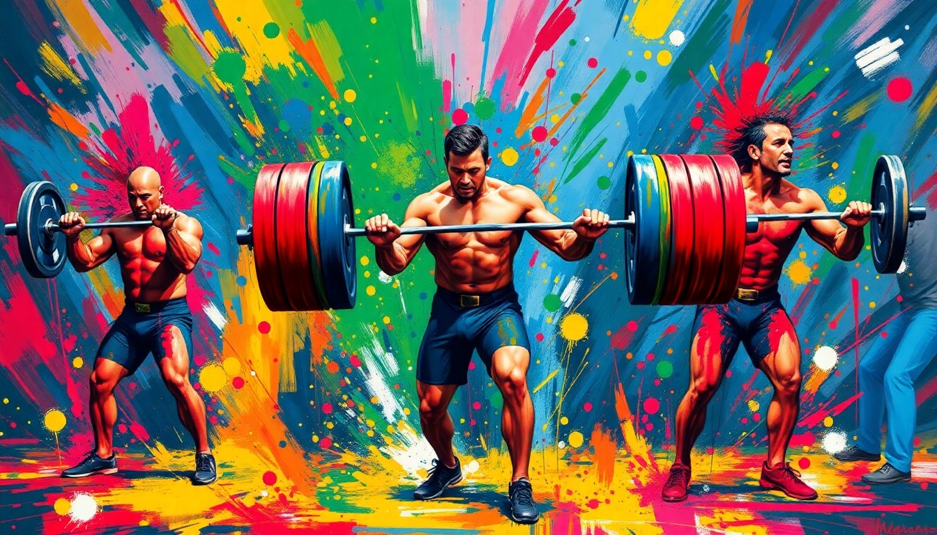 An abstract, expressionist painting in vibrant neon colors, depicting the raw power and energy of powerlifting athletes in competition.