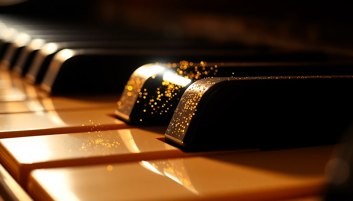 An extreme close-up of a highly textured, golden-hued piano key, capturing the luxurious and organic fusion of classic video game music and sophisticated jazz performance.