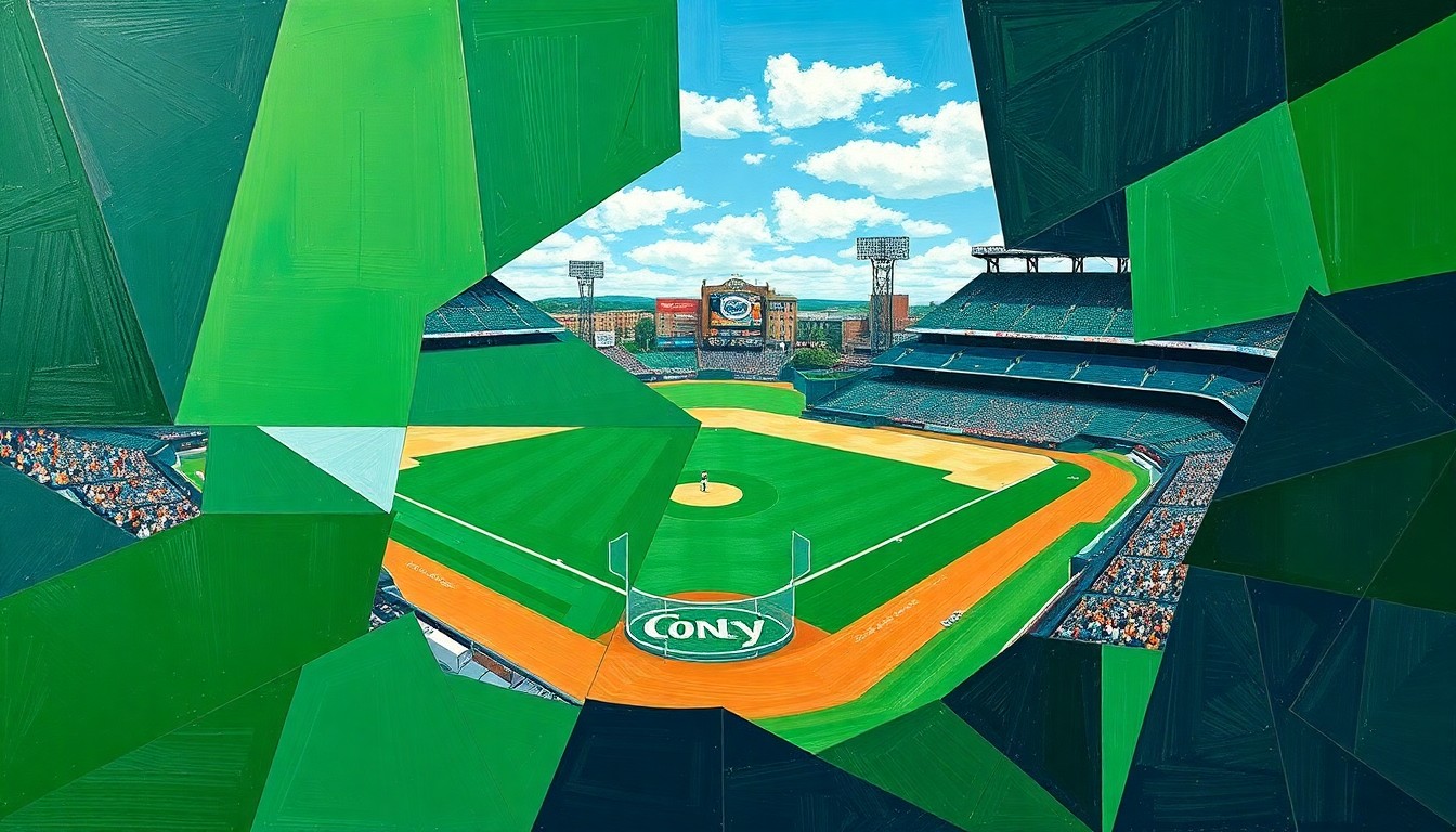 A cubist, geometric painting depicting the action of a college baseball game, with overlapping planes of green, white, and navy blue representing the field, players, and uniforms.