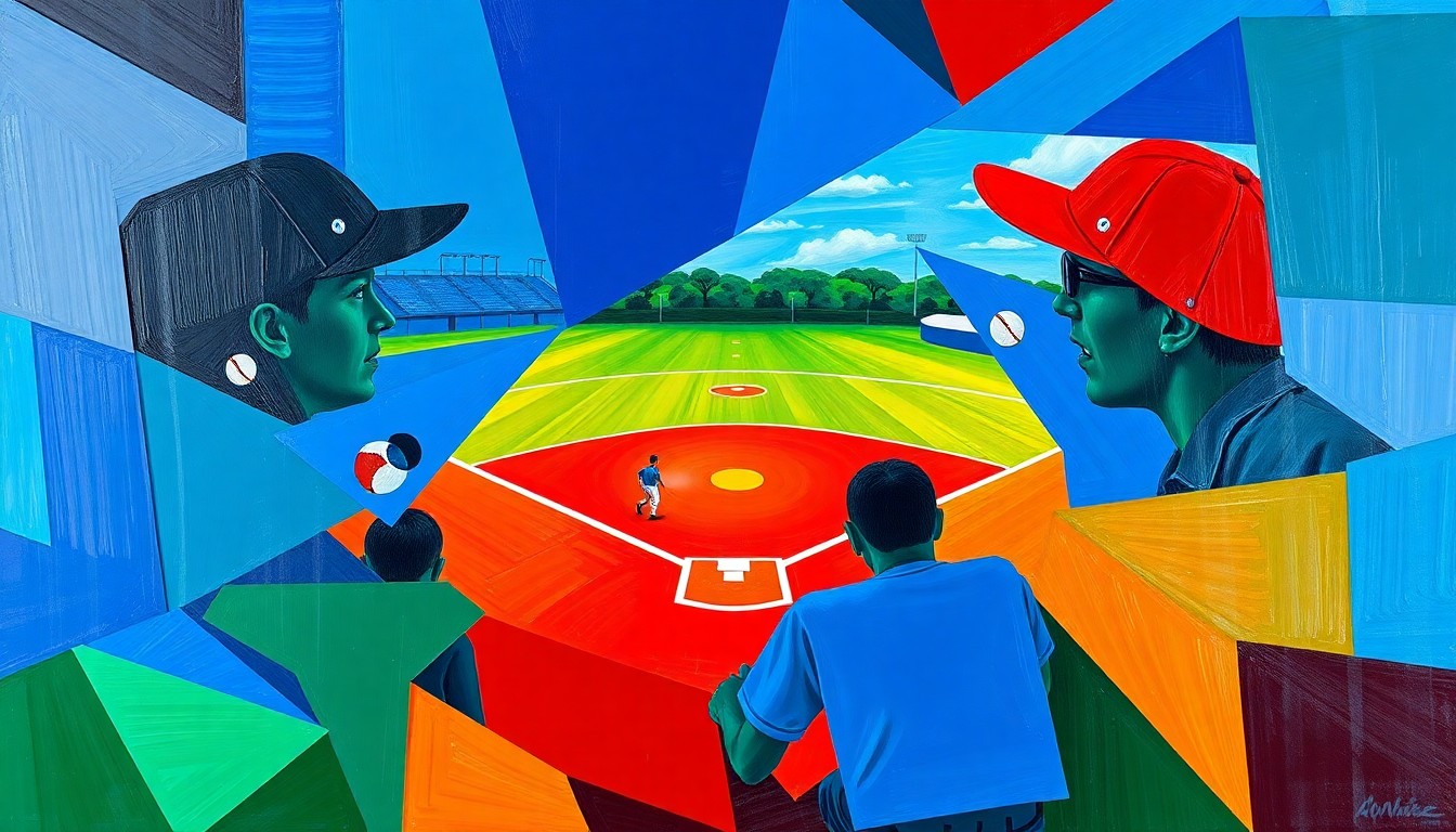 A fragmented, cubist-style painting depicting a high school softball game, with the players and field broken down into sharp, overlapping geometric shapes in a bold color palette, conveying the dynamic energy of the sport.