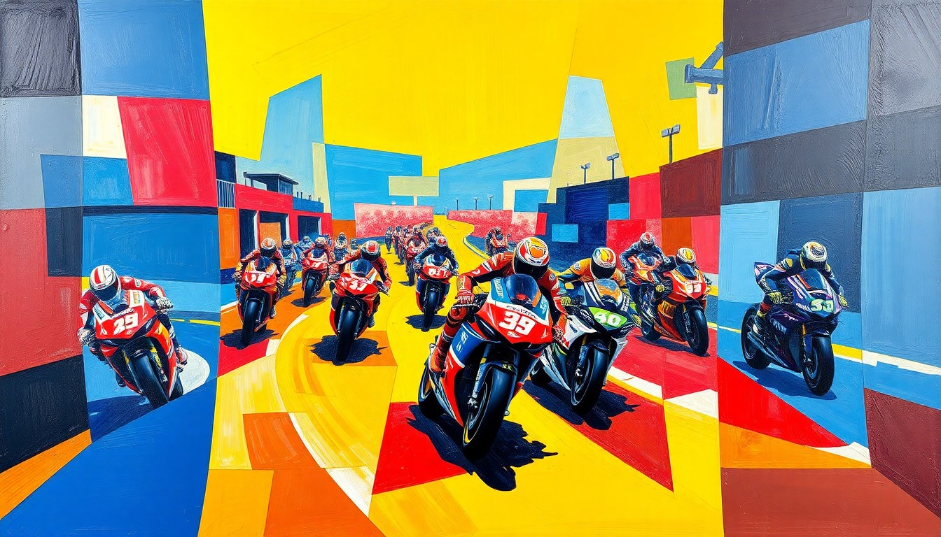 A fragmented, geometric painting in bold primary colors depicting the dynamic motion and energy of a MotoGP race, conceptually representing the Ducati Lenovo Team's ability to bounce back and perform at a high level.