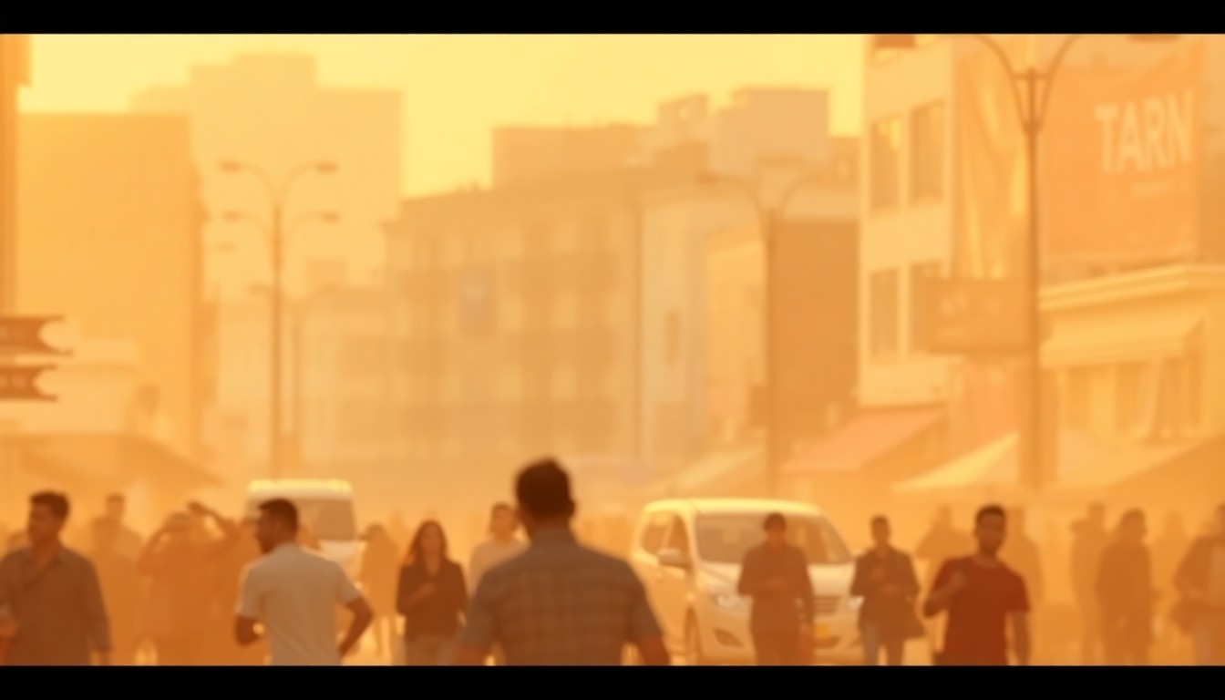 An abstract, out-of-focus photograph in warm, hazy tones depicting the blurred silhouettes of people, buildings, and vehicles on a lively urban street, conveying a sense of energy and community within the South Central Austin neighborhood.