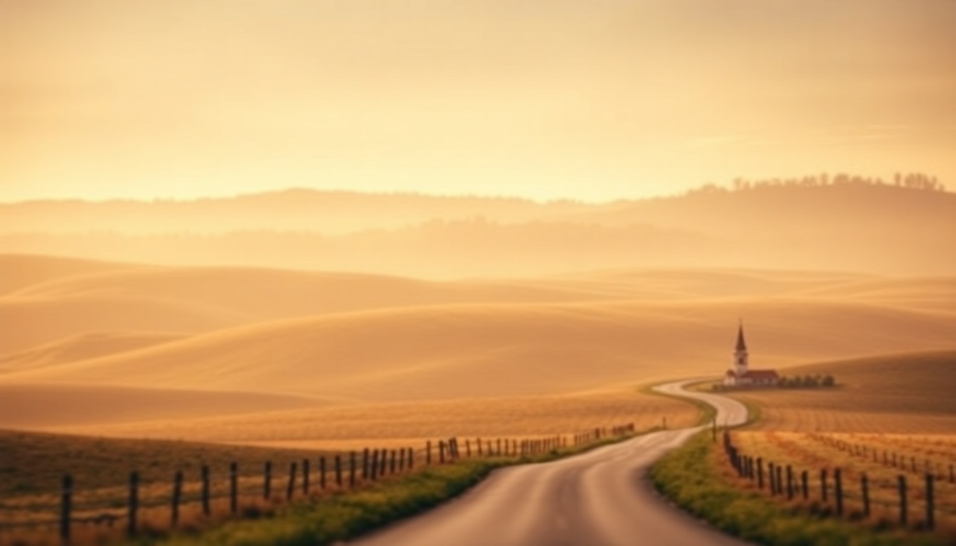 An abstract, out-of-focus photograph in warm, earthy tones depicting a rural landscape with rolling hills, a winding road, and a small church steeple in the distance, conveying a sense of quiet contemplation and the passage of time.