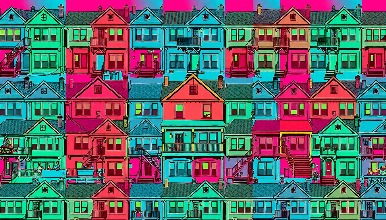 A brightly colored, high-contrast silkscreen print of a historic Grand Rapids home repeated in a tight grid pattern, conceptually representing the city's mix of classic architecture and modern real estate trends.